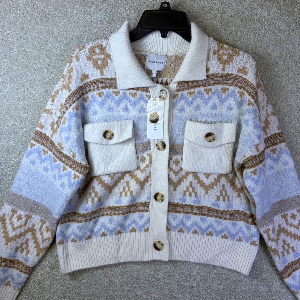 Pink Rose Jaquard Sweater Womens Large White Nordic Johnny Collar Cardigan NEW